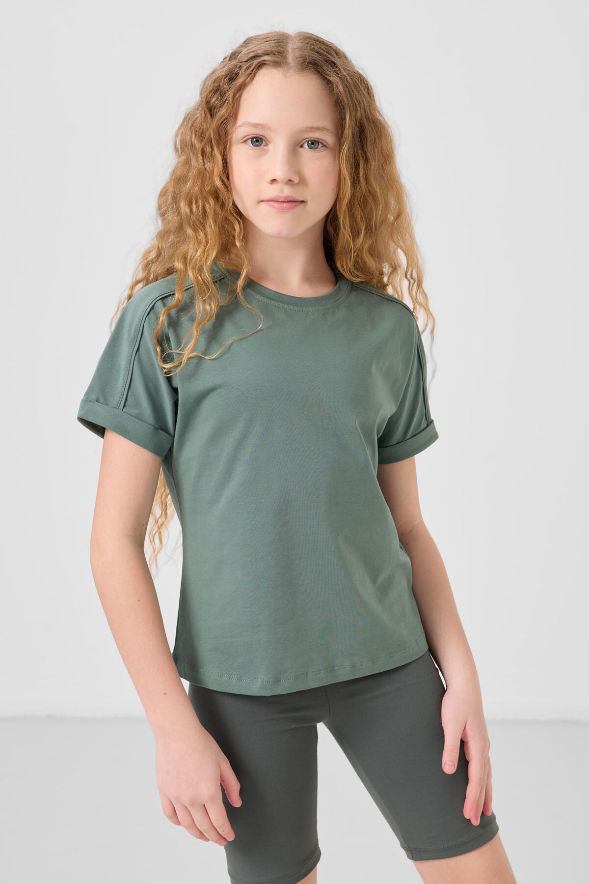 Açık Yeşil Pamuklu O Yaka Oversize Fit Basic Kız Çocuk T-Shirt - 75182