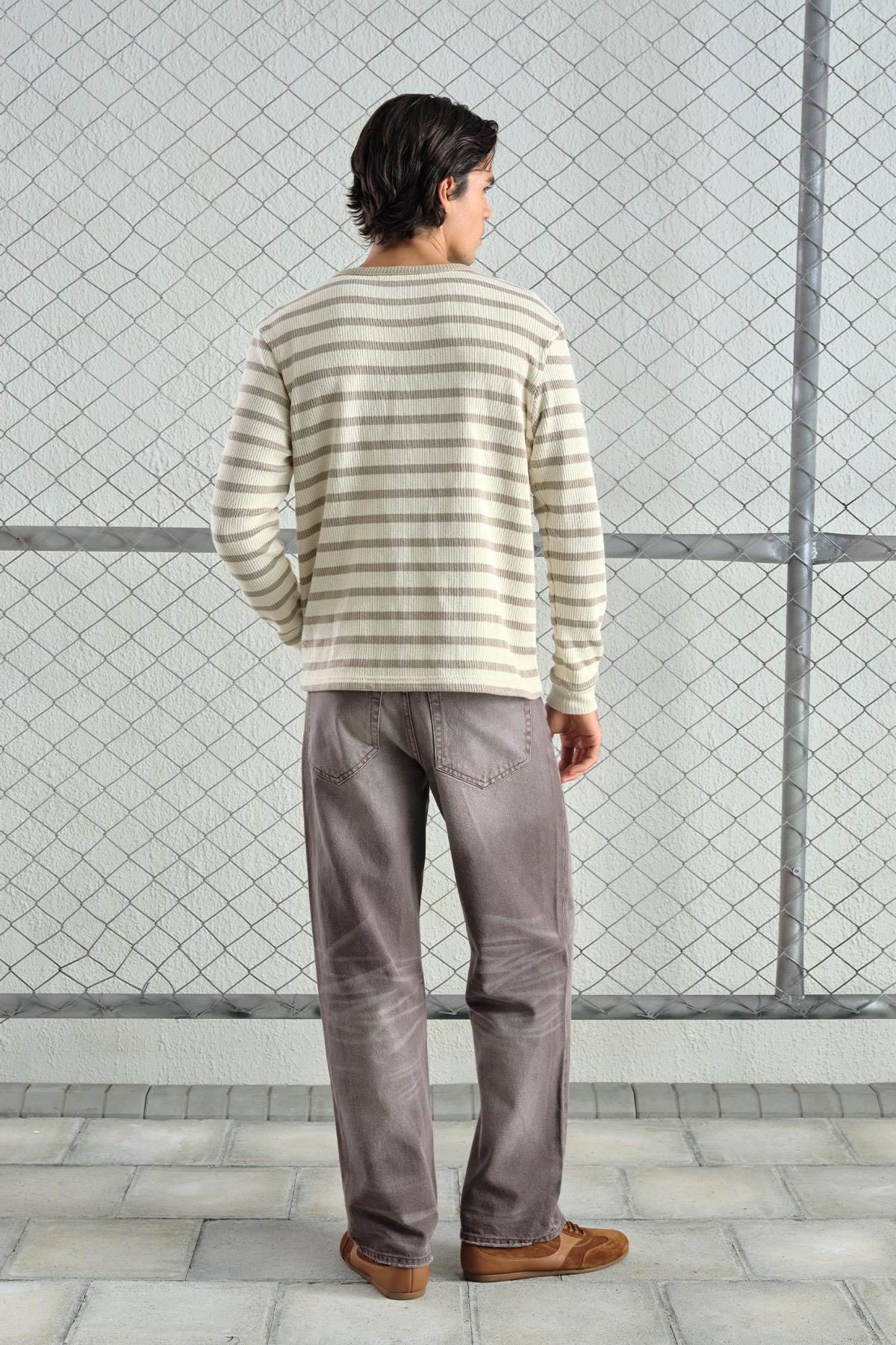 KALIN ÇİZGİLİ YARIM PATLI BEJ T-SHIRT