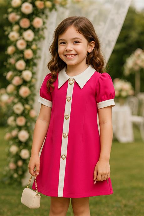 Kalp Düğme Retro Elbise Fuşya 12 Yaş