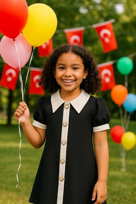 Kalp Düğme Retro Elbise Siyah 10 Yaş