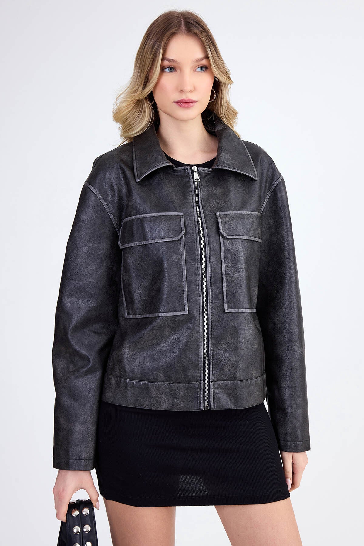 Kapak Cepli Suni Deri Biker Ceket