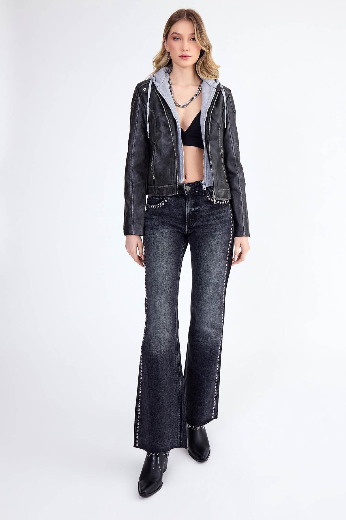 Kapüşonlu Suni Deri Crop Biker Ceket