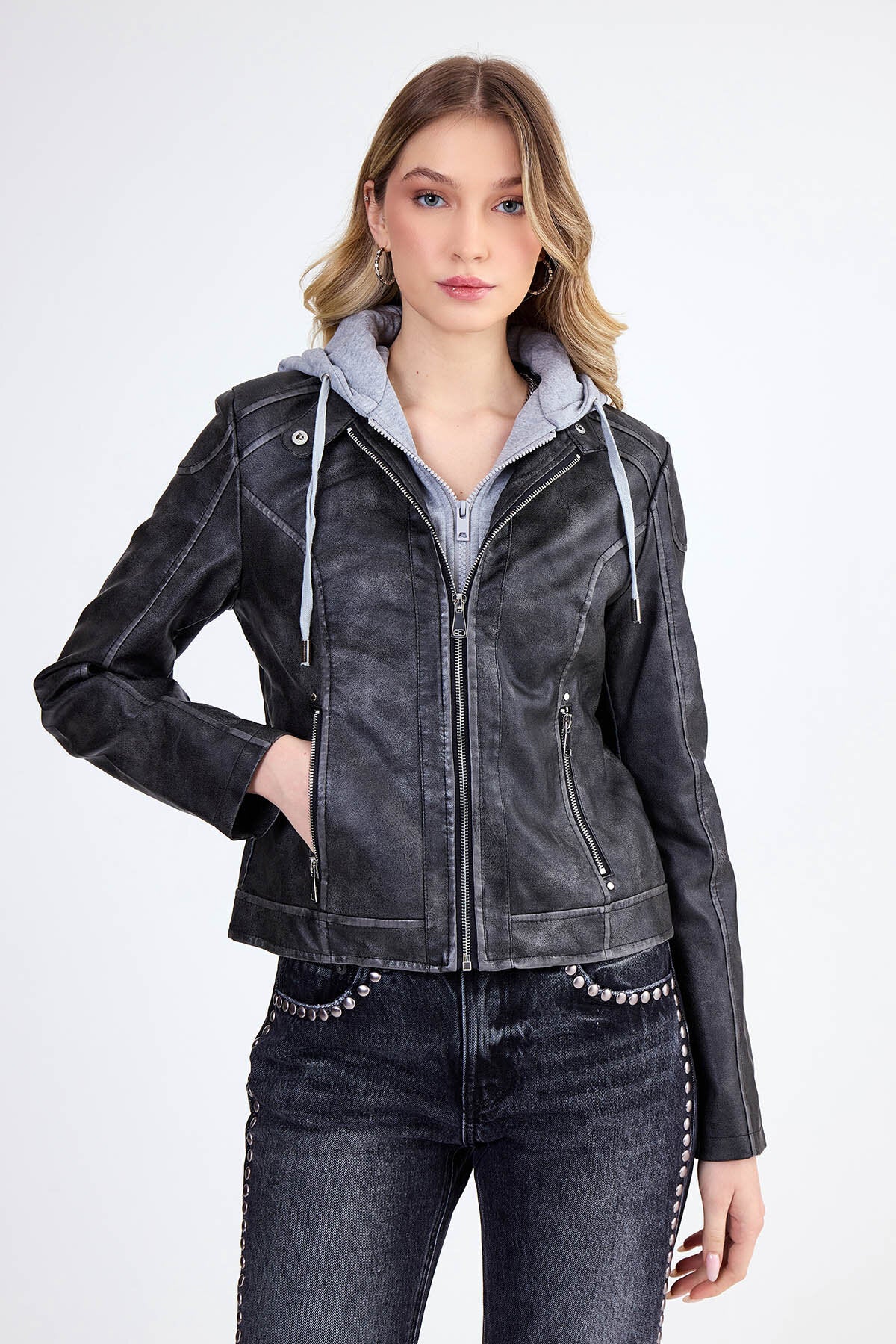 Kapüşonlu Suni Deri Crop Biker Ceket