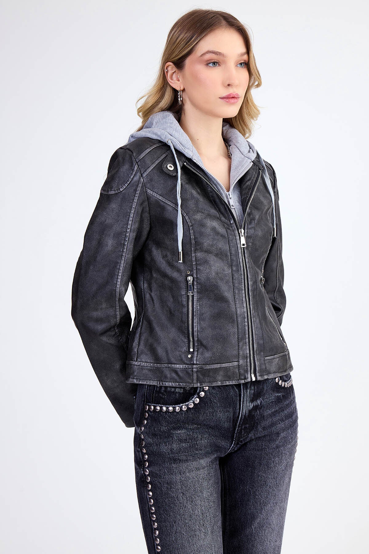 Kapüşonlu Suni Deri Crop Biker Ceket