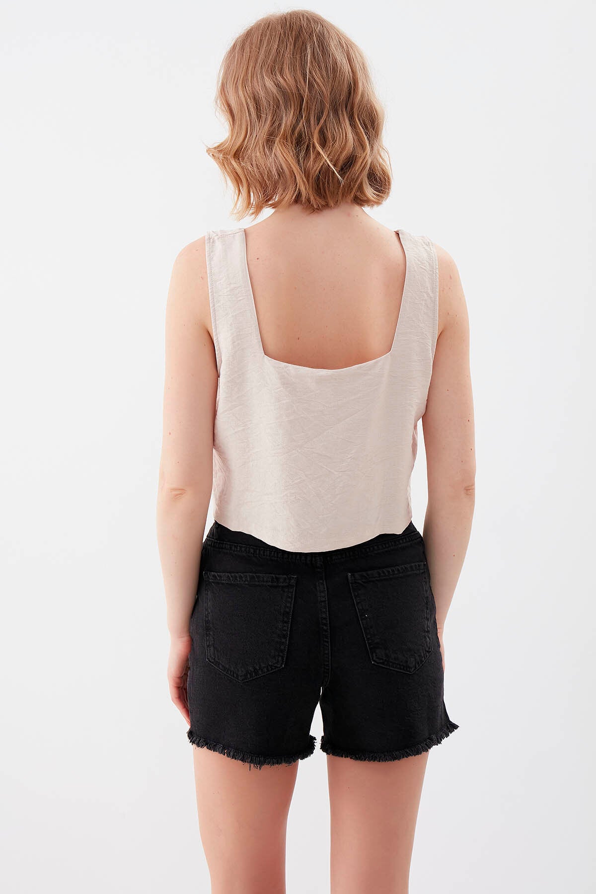 Kare Yaka Sıfır Kol Crop Bluz