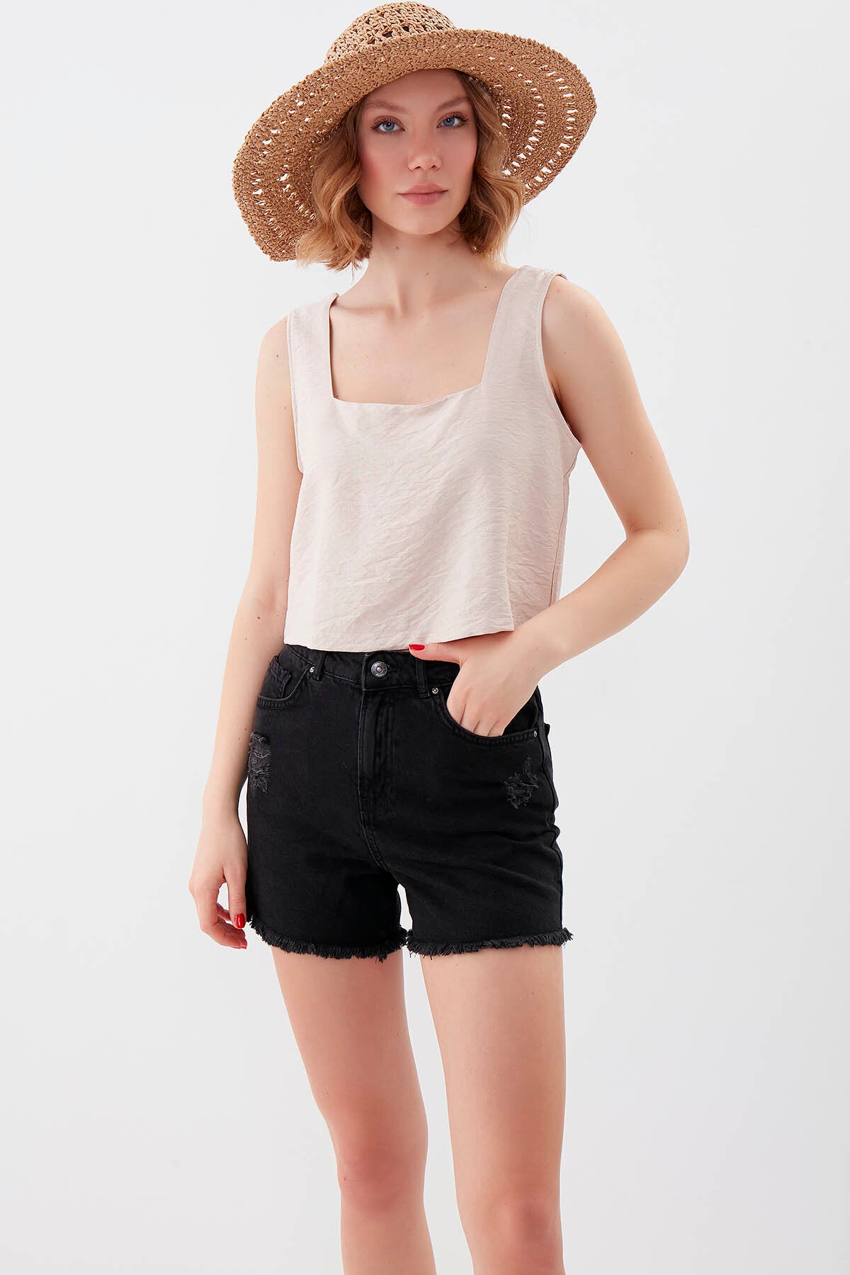 Kare Yaka Sıfır Kol Crop Bluz