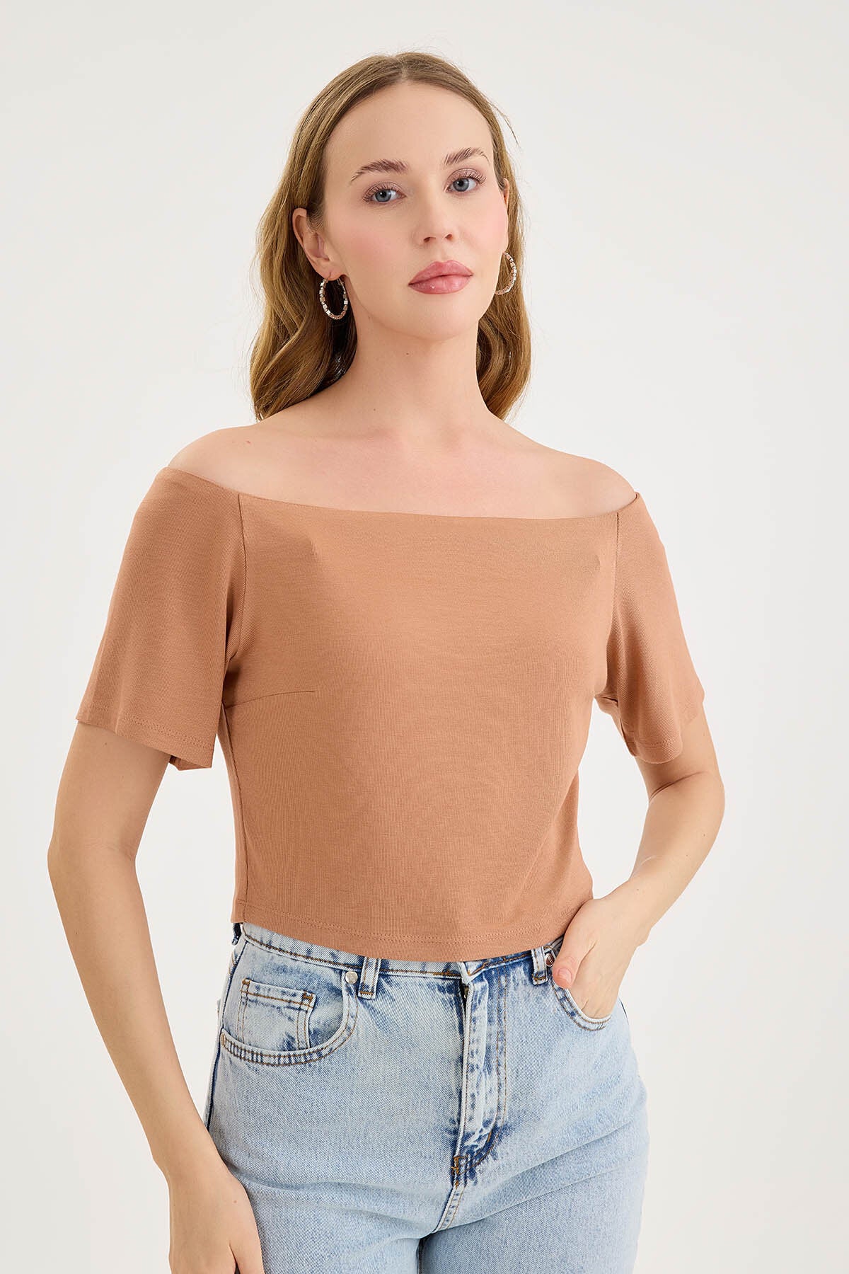Kayık Yaka Crop Bluz