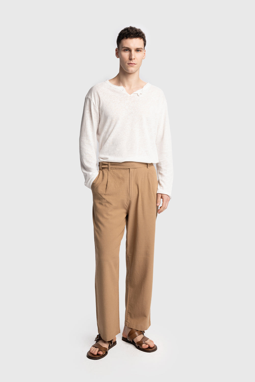 KEMER DETAYLI KETEN PANTOLON - TABA XL