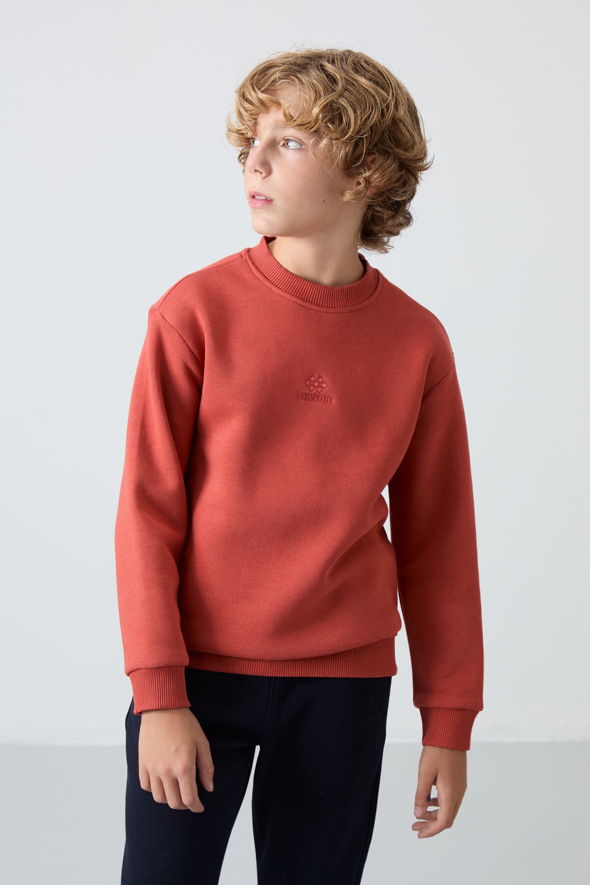 Kiremit-Lacivert Pamuklu Kalın İçi Tüylü Standart Fit Nakışlı Erkek Çocuk Eşofman Takım - 11249