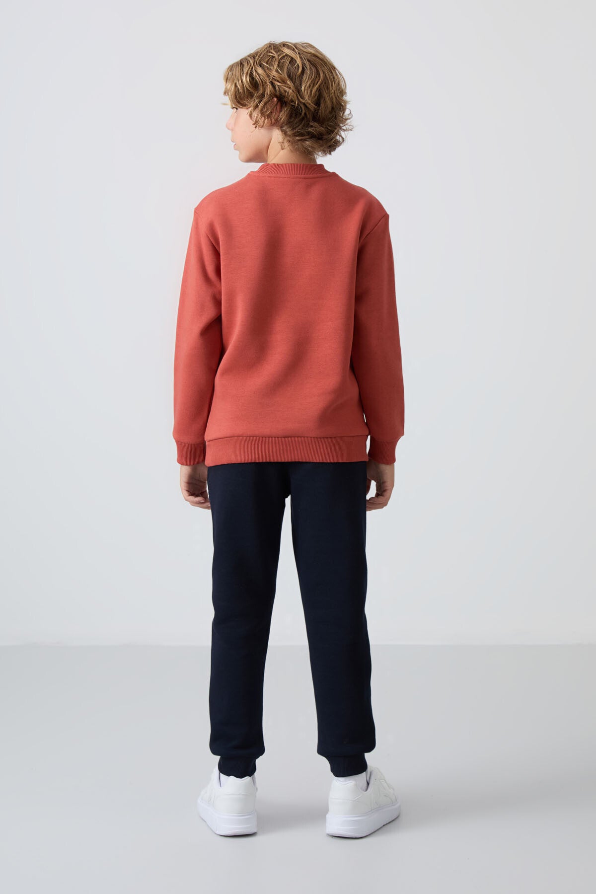 Kiremit-Lacivert Pamuklu Kalın İçi Tüylü Standart Fit Baskılı Erkek Çocuk Eşofman Takım - 11253