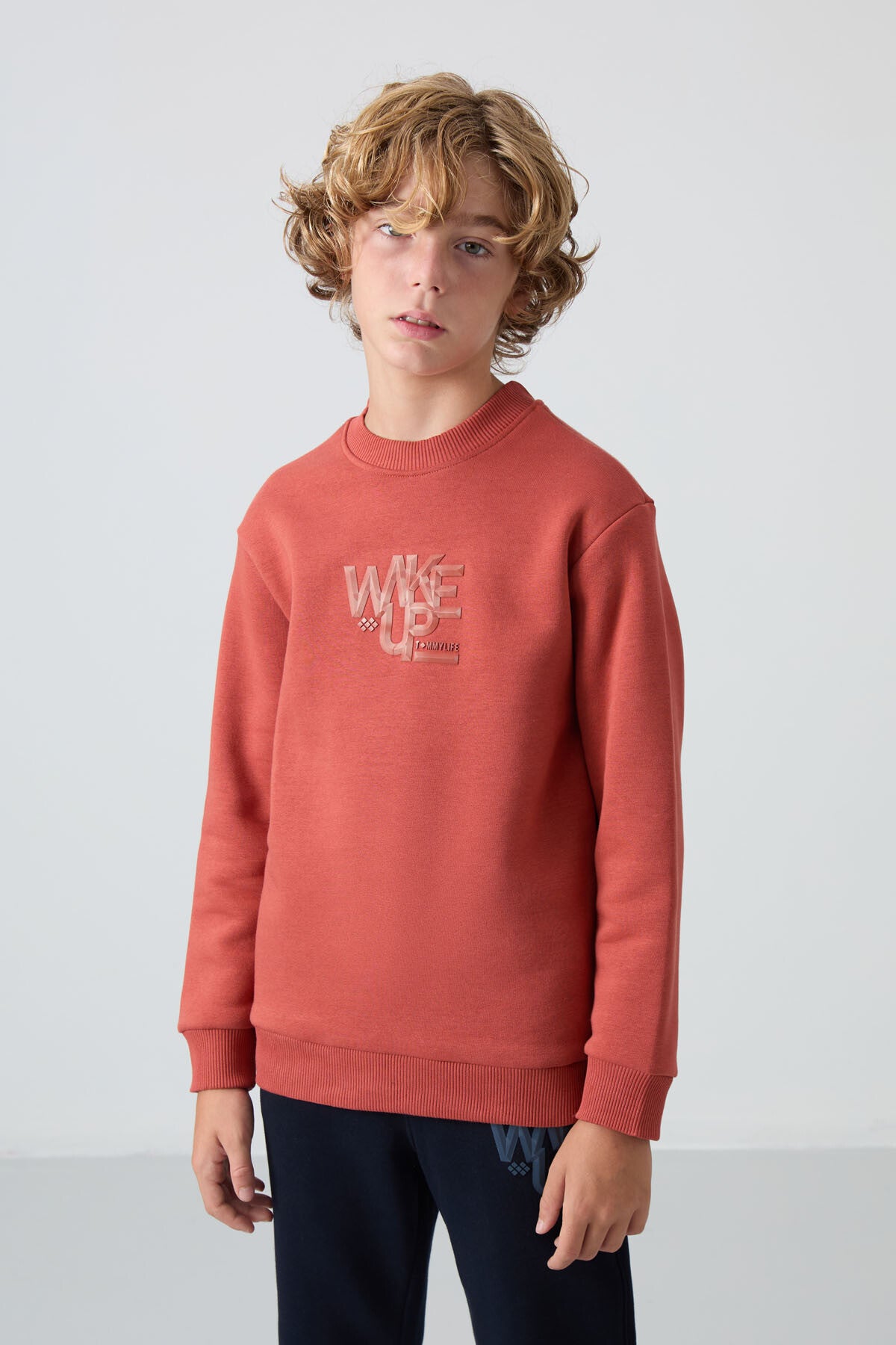 Kiremit-Lacivert Pamuklu Kalın İçi Tüylü Standart Fit Baskılı Erkek Çocuk Eşofman Takım - 11253