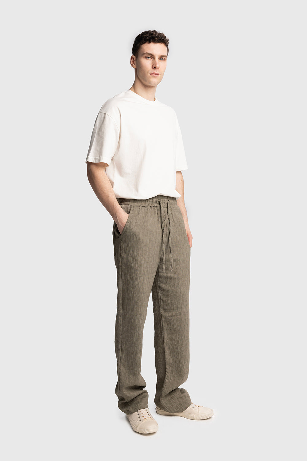 KIRIŞIK GÖRÜNÜMLÜ PANTOLON - HAKİ S