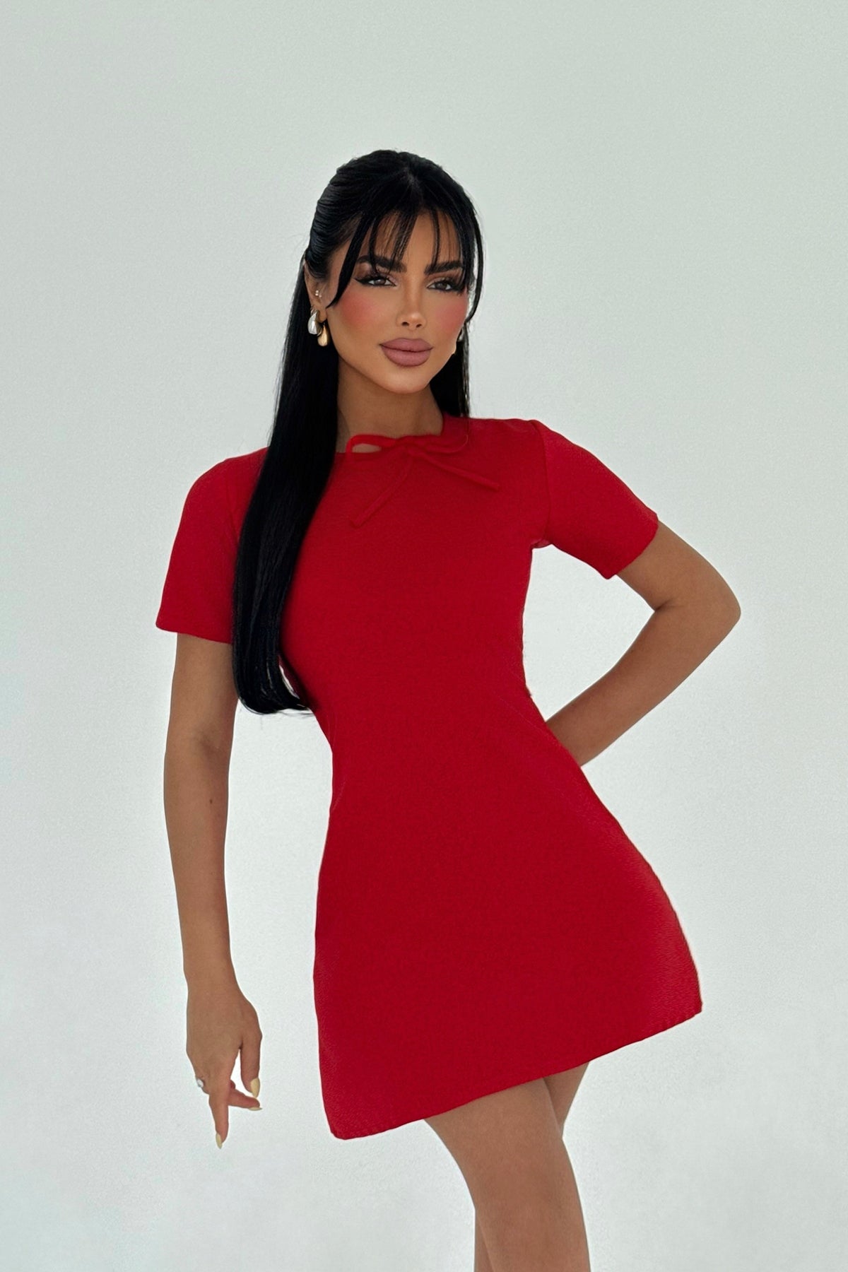 Kırmızı Deserae Mini Fiyonklu Elbise ATE-2939