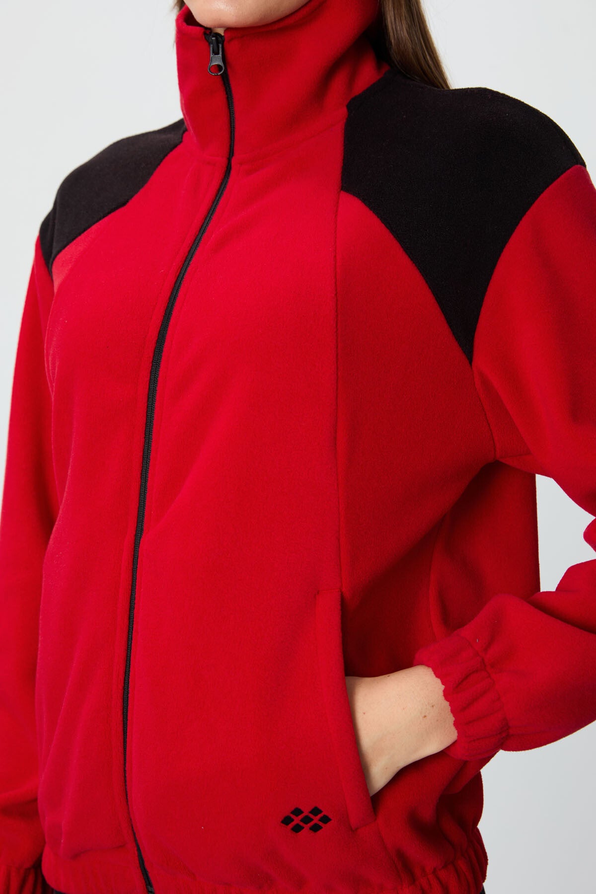 Kırmızı Kalın Yumuşak Dokulu Dik Yaka Oversize Nakışlı Polar Kadın Sweatshirt - 97293