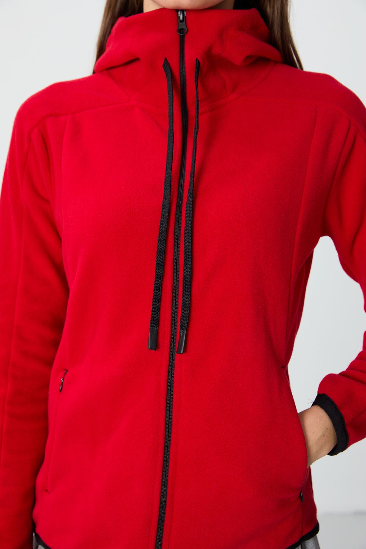 Kırmızı Kalın Yumuşak Dokulu Kapüşonlu Standart Fit Nakışlı Polar Kadın Sweatshirt -97287