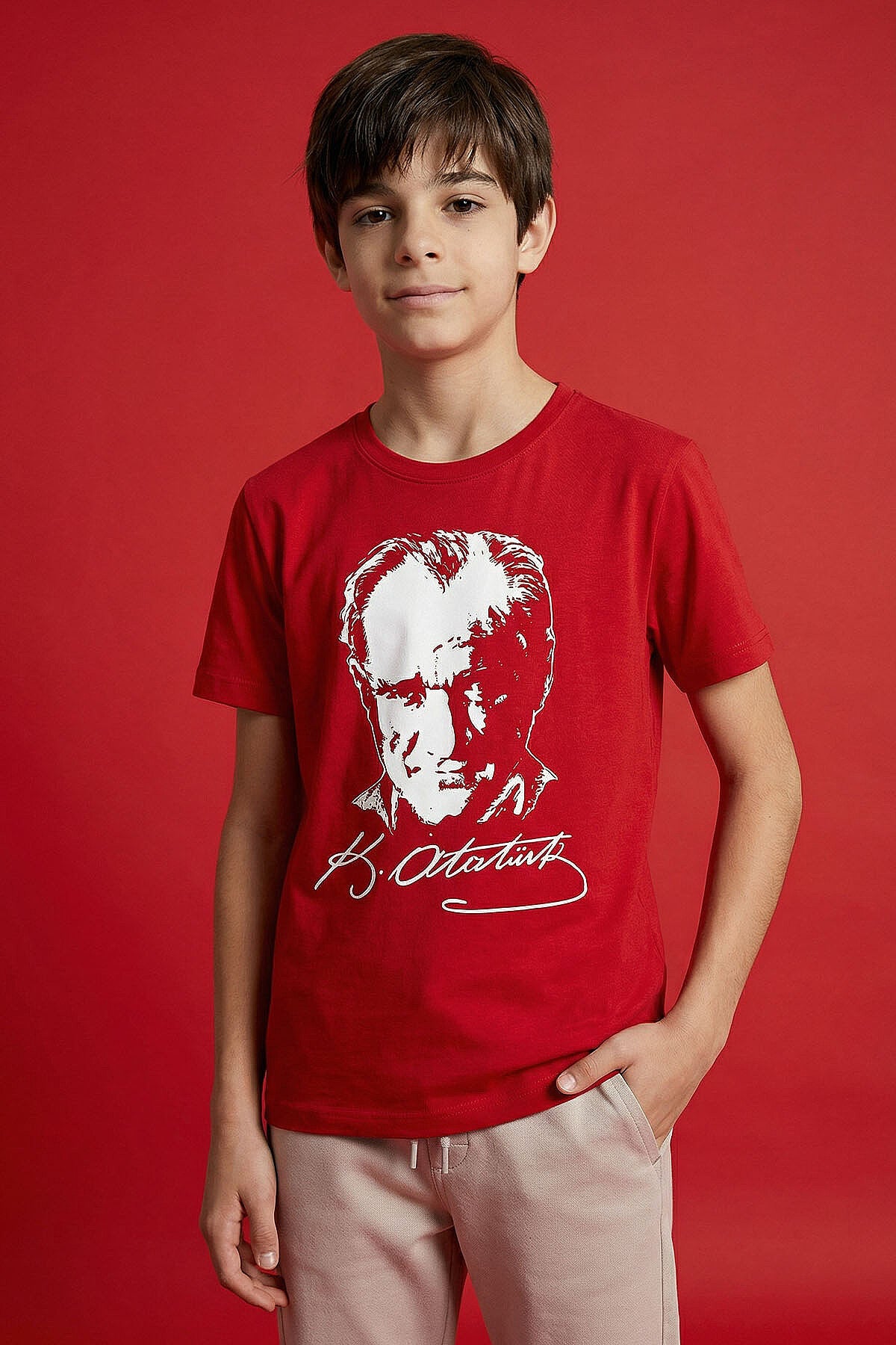 Kırmızı Atatürk Baskılı Unisex Çocuk T-Shirt - 11332