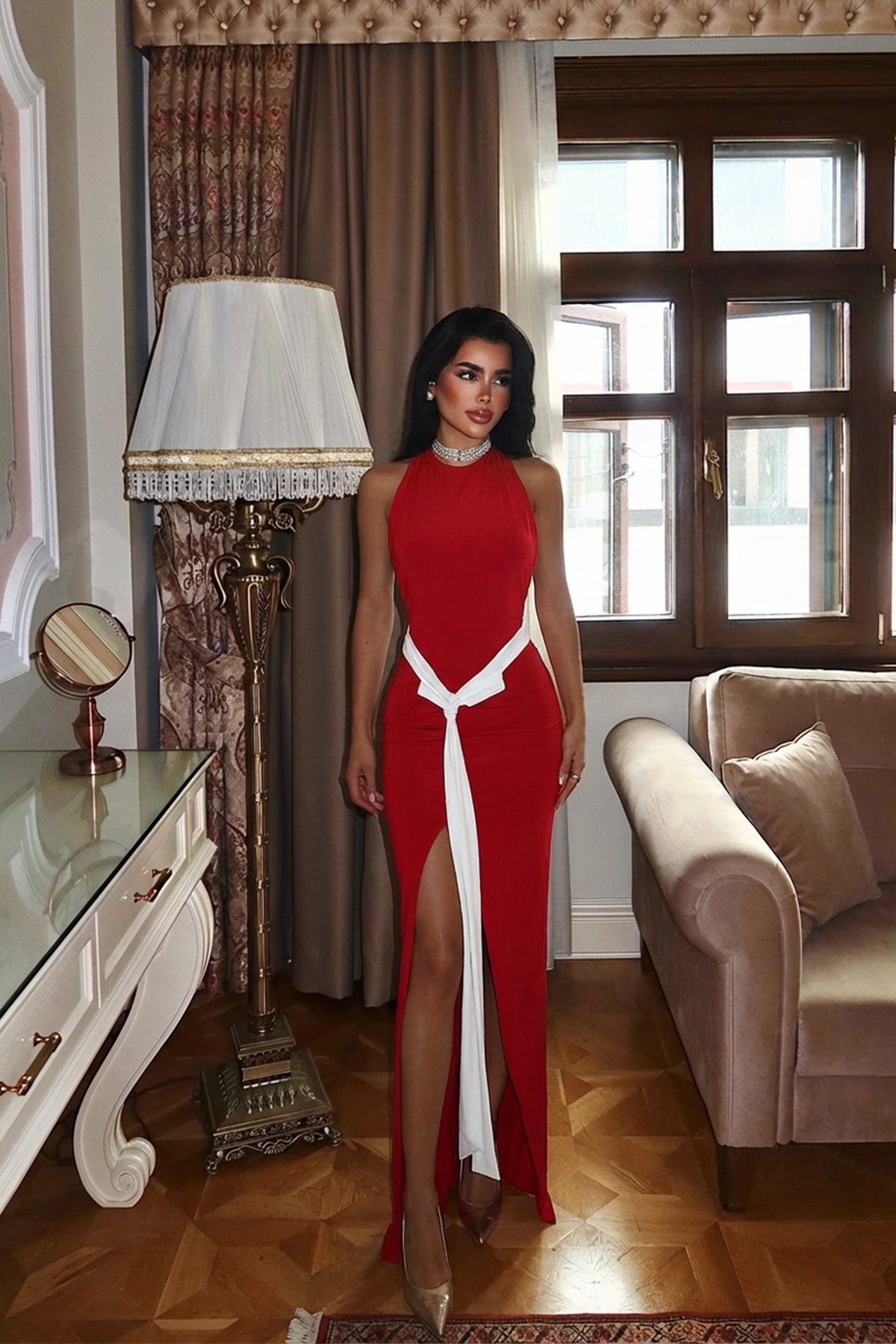 Kırmızı Giselle Fiyonk Detaylı Yırtmaçlı Elbise ATE-3023 XS