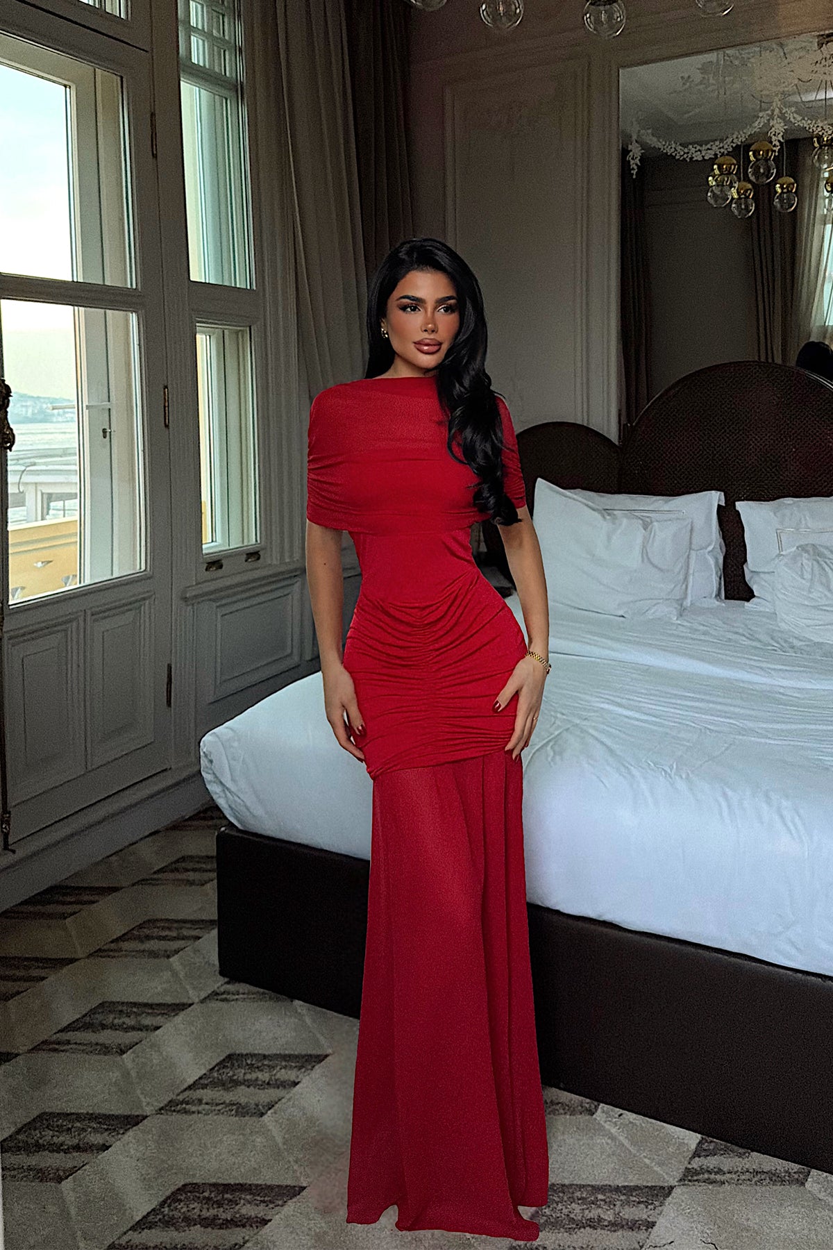 Kırmızı Shannon uzun elbise ATE-4131