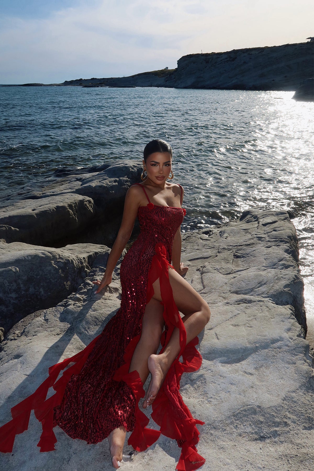 Kırmızı Paxton Payetli Uzun Yırtmaçlı Elbise ATE-2612