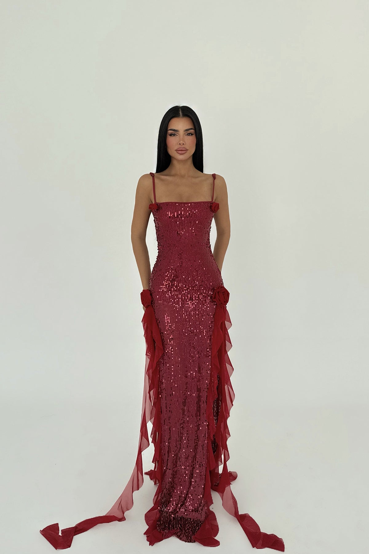 Kırmızı Paxton Payetli Uzun Yırtmaçlı Elbise ATE-2612
