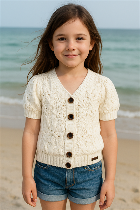 Kısa Kollu Düğmeli Triko Bluz Krem 12 Yaş