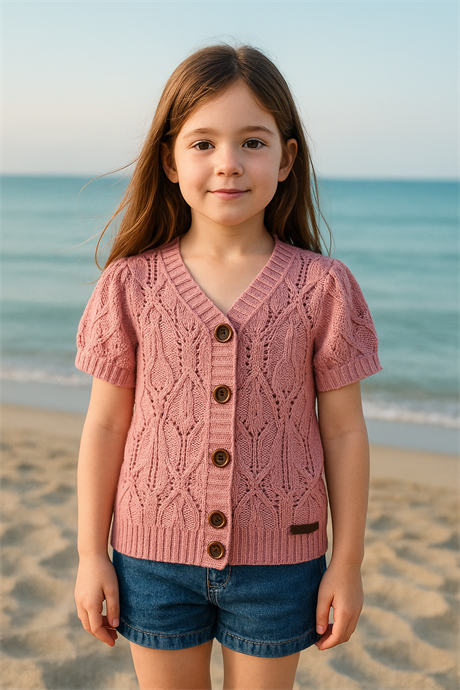 Kısa Kollu Düğmeli Triko Bluz Pembe 4 Yaş