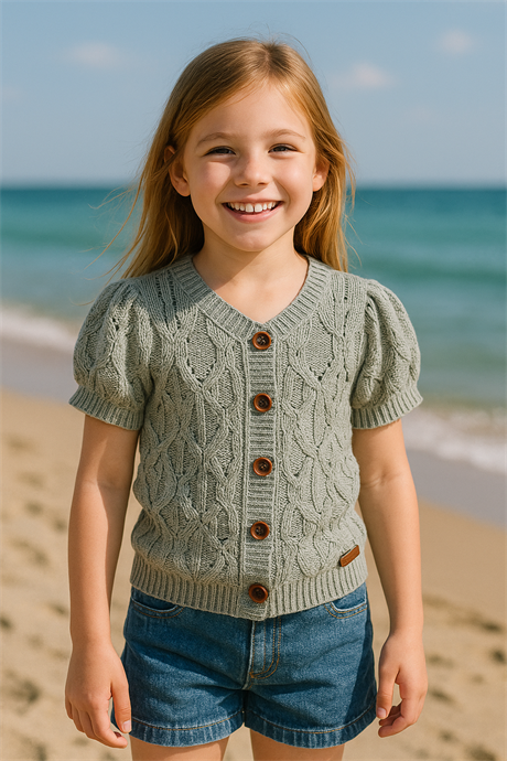 Kısa Kollu Düğmeli Triko Bluz Yeşil 10 Yaş