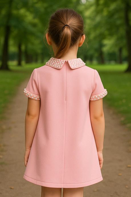 Kısa Kollu Kız Elbise Yakası ve Kolu Taşlı Pembe 6 Yaş