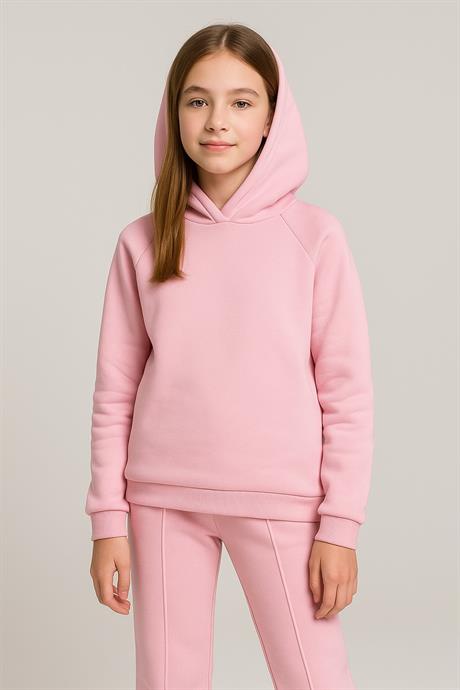 Kız Çocuk 3 İplik Şardonlu Rahat Kalıp Eşofman Takımı Pudra 5 yaş