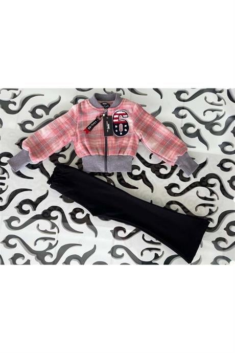 Kız Çocuk 6 Baskılı Astarlı Mont Siyah Ispanyol Paça Pantolon 2'li Takım Pembe 6 Yaş