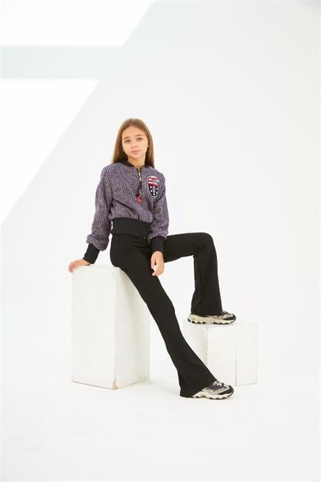 Kız Çocuk 6 Baskılı Astarlı Mont Siyah Ispanyol Paça Pantolon 2'li Takım Mor 8 Yaş