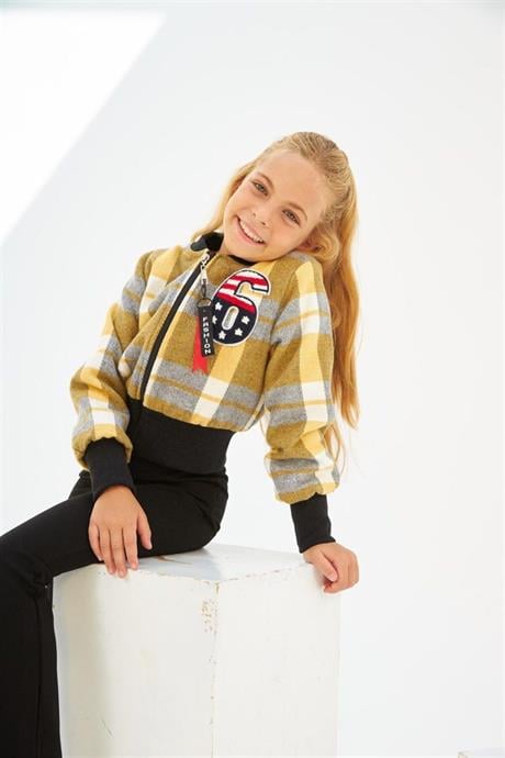 Kız Çocuk 6 Baskılı Astarlı Mont Siyah Ispanyol Paça Pantolon 2'li Takım Sarı 8 Yaş