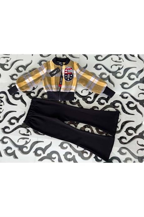 Kız Çocuk 6 Baskılı Astarlı Mont Siyah Ispanyol Paça Pantolon 2'li Takım Sarı 12 Yaş