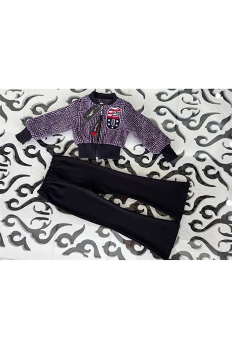 Kız Çocuk 6 Baskılı Astarlı Mont Siyah Ispanyol Paça Pantolon 2'li Takım Mor 10 Yaş