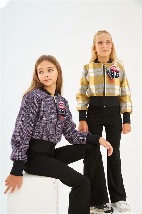 Kız Çocuk 6 Baskılı Astarlı Mont Siyah Ispanyol Paça Pantolon 2'li Takım Sarı 14 Yaş