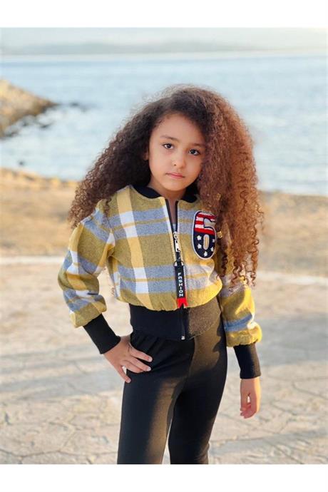 Kız Çocuk 6 Baskılı Astarlı Mont Siyah Ispanyol Paça Pantolon 2'li Takım Sarı 14 Yaş