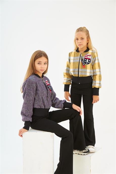 Kız Çocuk 6 Baskılı Astarlı Mont Siyah Ispanyol Paça Pantolon 2'li Takım Sarı 6 Yaş