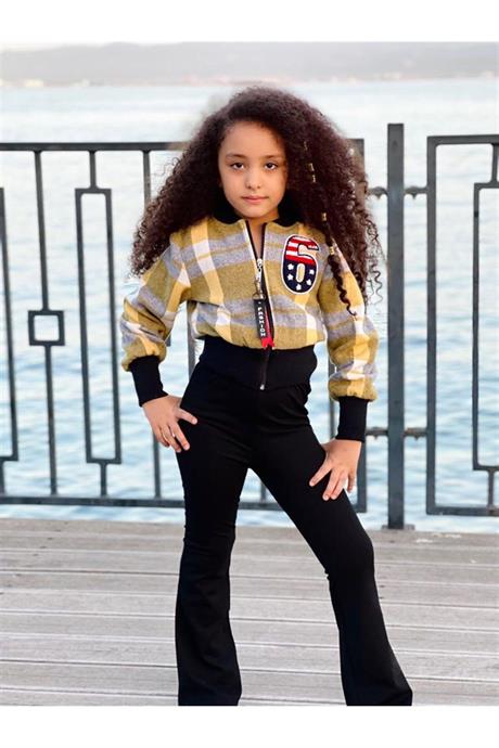 Kız Çocuk 6 Baskılı Astarlı Mont Siyah Ispanyol Paça Pantolon 2'li Takım Sarı 14 Yaş