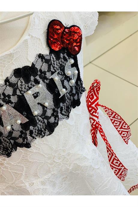 KIZ ÇOCUK ASİMETRİK ŞERİTLİ BEYAZ DANTELLİ ELBİSE Kırmızı 6 Yaş