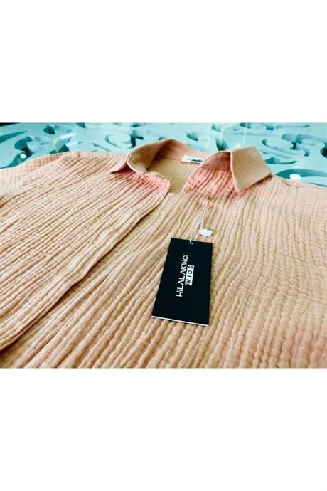 Kız Çocuk Askılı Crop Bluz Beli Lastik Detaylı Şort Ve Rahat Kalıp Gömlek 3'lü Takım Somon 12 Yaş