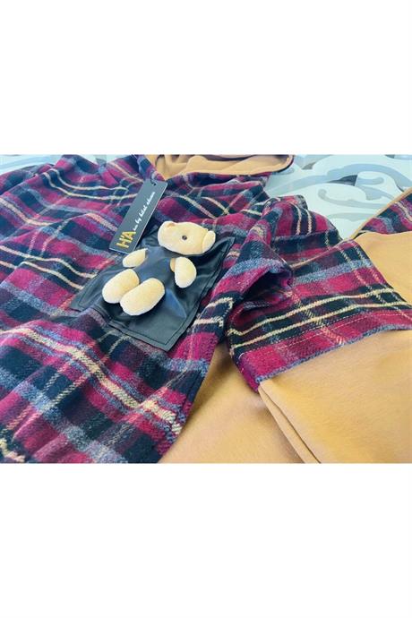Kız Çocuk Ayıcık Detaylı Ekoseli Sweatshırt Ikili Takım HARDAL 8 Yaş