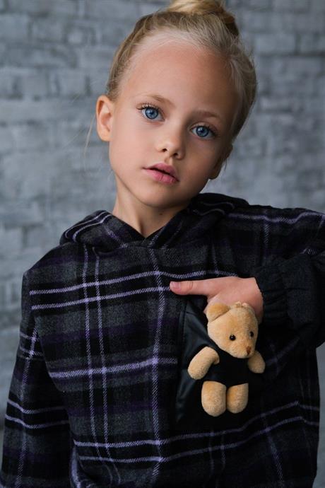 Kız Çocuk Ayıcık Detaylı Ekoseli Sweatshırt Ikili Takım GRİ 12 Yaş