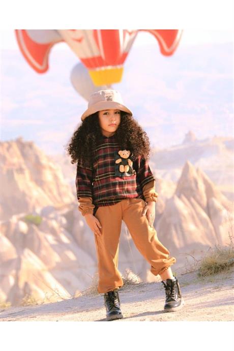 Kız Çocuk Ayıcık Detaylı Ekoseli Sweatshırt Ikili Takım HARDAL 4 Yaş