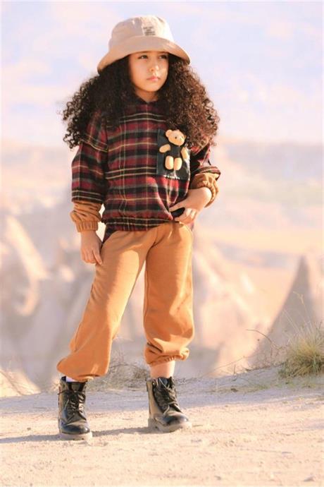 Kız Çocuk Ayıcık Detaylı Ekoseli Sweatshırt Ikili Takım HARDAL 6 Yaş