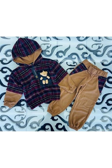 Kız Çocuk Ayıcık Detaylı Ekoseli Sweatshırt Ikili Takım HARDAL 12 Yaş