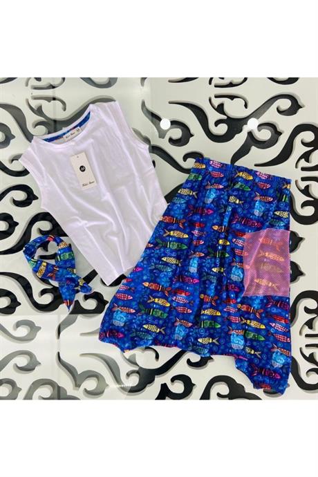 Kız Çocuk Balık Desenli Lacivert Şalvar Pantolon Basıc Tişört Ikili Takım MAVİ 4 Yaş