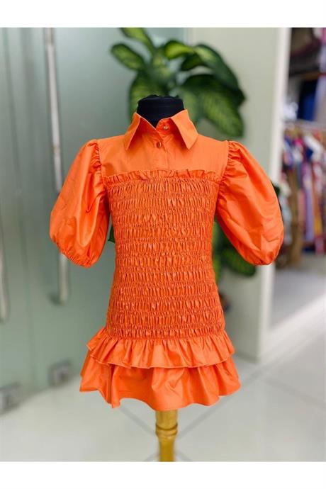 Kız Çocuk Balon Kollu Gipe Beden Fırfırlı Elbise Turuncu 12 Yaş