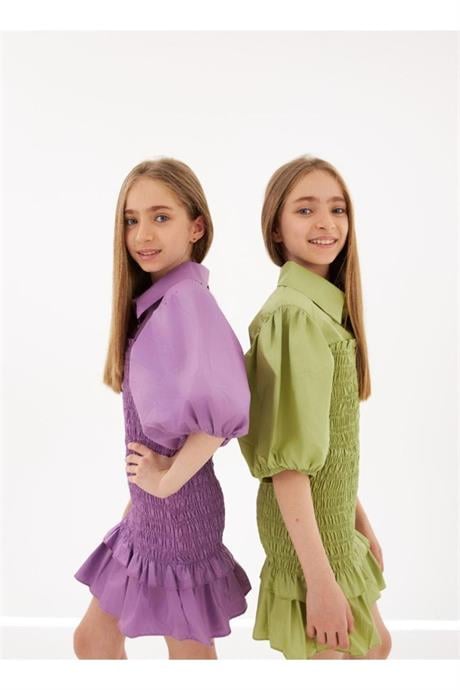 Kız Çocuk Balon Kollu Gipe Beden Fırfırlı Elbise Yeşil 12 Yaş