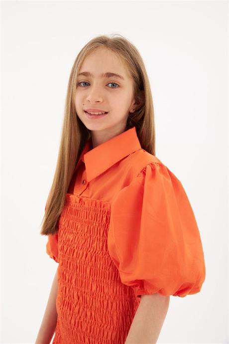 Kız Çocuk Balon Kollu Gipe Beden Fırfırlı Elbise Turuncu 12 Yaş