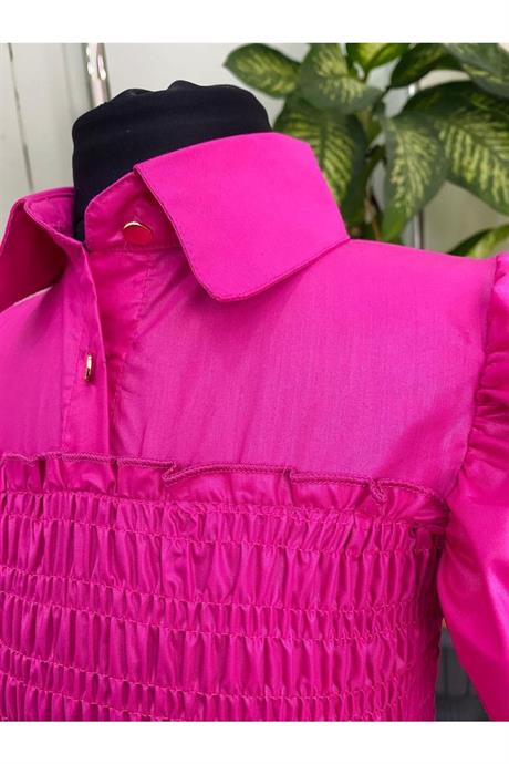 Kız Çocuk Balon Kollu Gipe Beden Fırfırlı Elbise Fuşya 12 Yaş